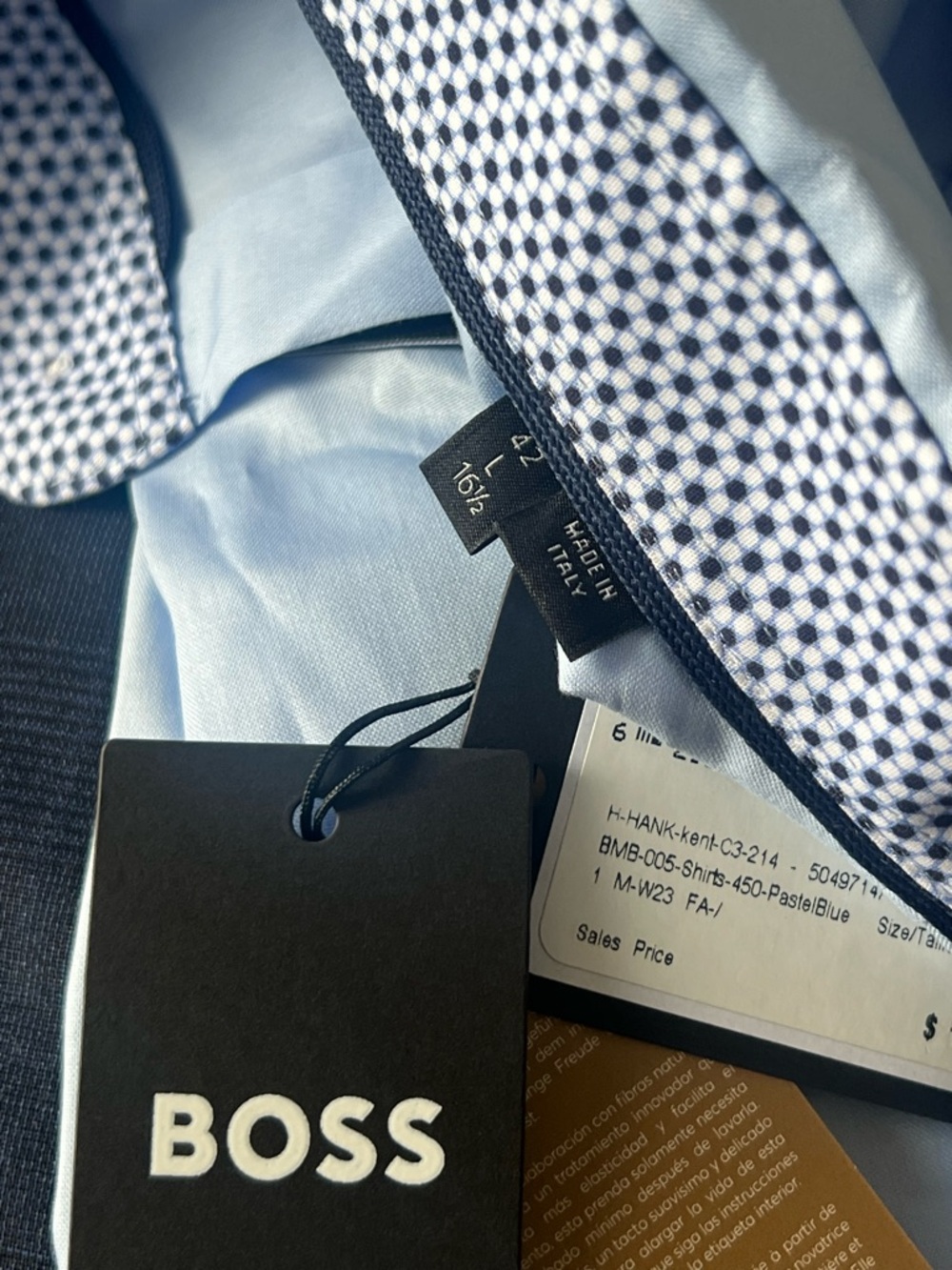 Boss Light Blue Dress Shirt with Navy Gingham Trim